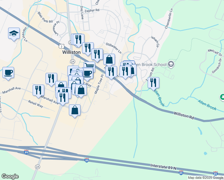 map of restaurants, bars, coffee shops, grocery stores, and more near 511 Maple Tree Place in Williston