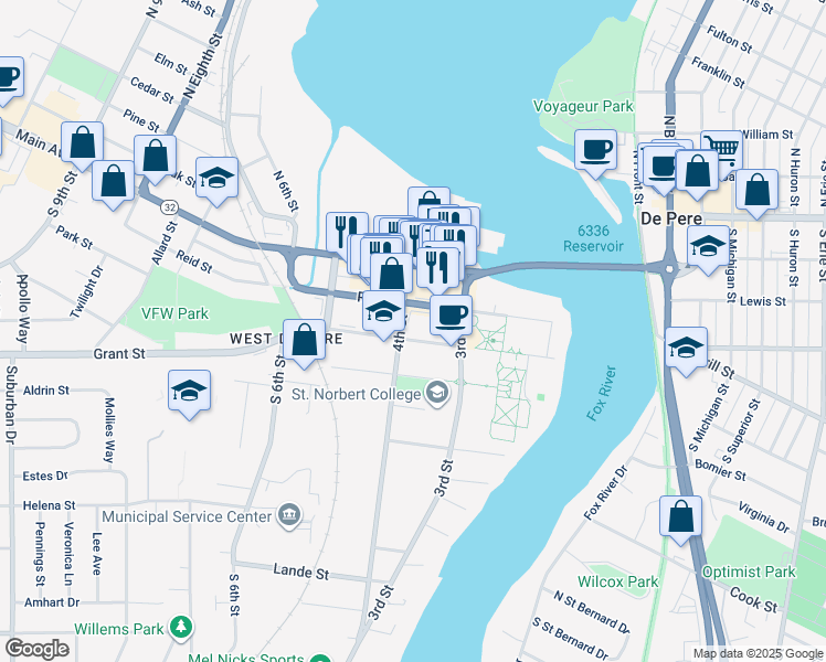 map of restaurants, bars, coffee shops, grocery stores, and more near 401 Reid Street in De Pere