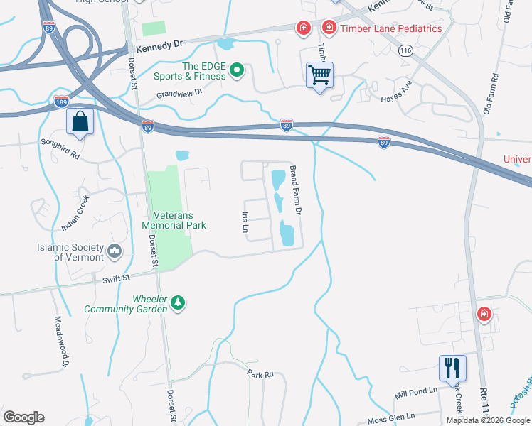 map of restaurants, bars, coffee shops, grocery stores, and more near 504 Brand Farm Drive in South Burlington