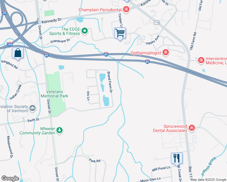 map of restaurants, bars, coffee shops, grocery stores, and more near 2401 Brand Farm Drive in South Burlington