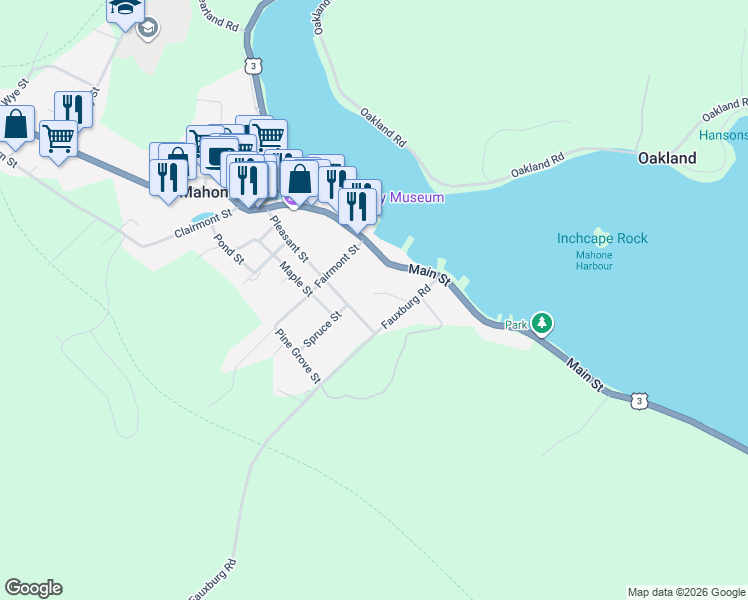 map of restaurants, bars, coffee shops, grocery stores, and more near 36 Fauxburg Road in Mahone Bay