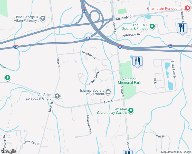 map of restaurants, bars, coffee shops, grocery stores, and more near Indian Creek in South Burlington