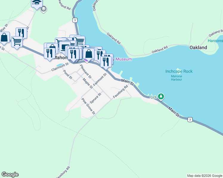 map of restaurants, bars, coffee shops, grocery stores, and more near 36 Fauxburg Road in Mahone Bay