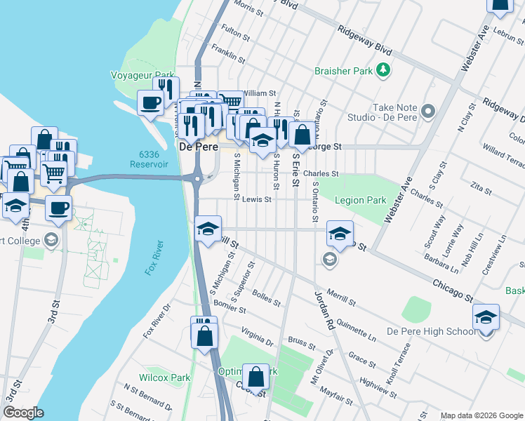 map of restaurants, bars, coffee shops, grocery stores, and more near 722 Lewis Street in De Pere