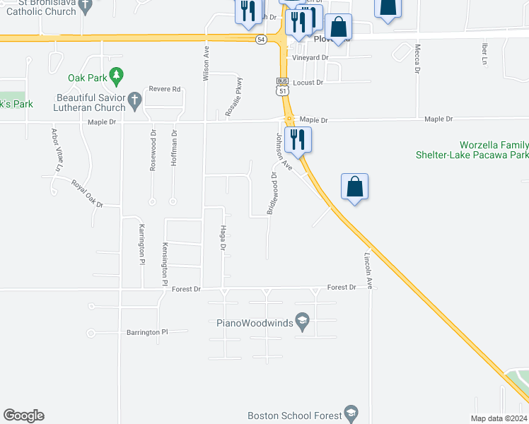 map of restaurants, bars, coffee shops, grocery stores, and more near 3383 Bridlewood Drive in Plover