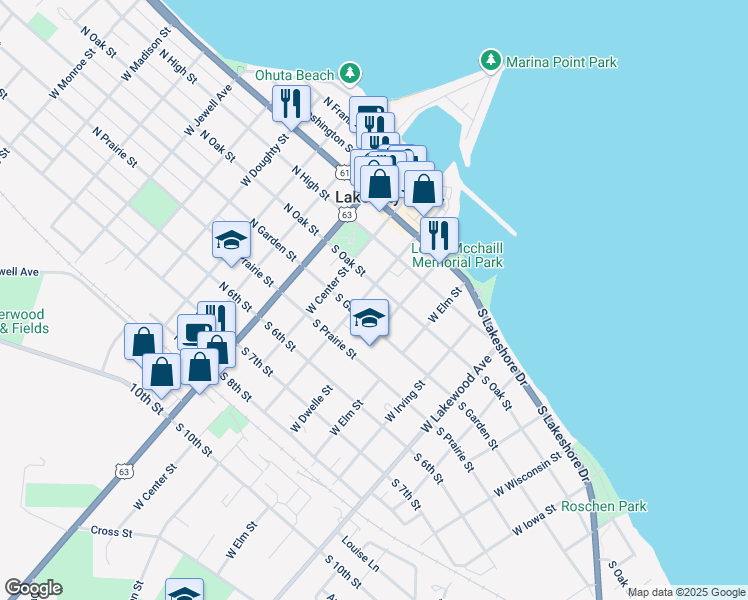 map of restaurants, bars, coffee shops, grocery stores, and more near 304 South Oak Street in Lake City