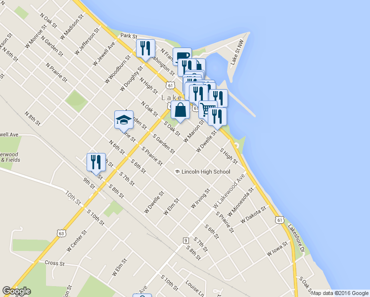 map of restaurants, bars, coffee shops, grocery stores, and more near 304 South Oak Street in Lake City