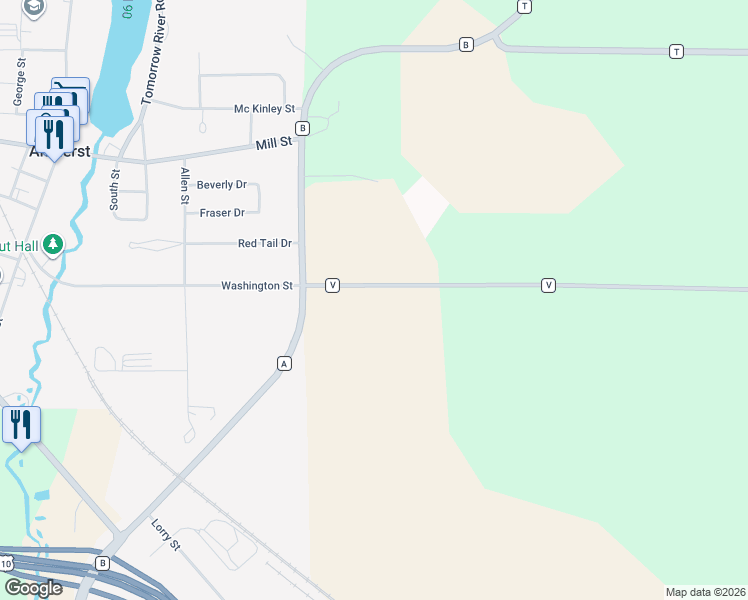 map of restaurants, bars, coffee shops, grocery stores, and more near 10378 County Highway V in Amherst