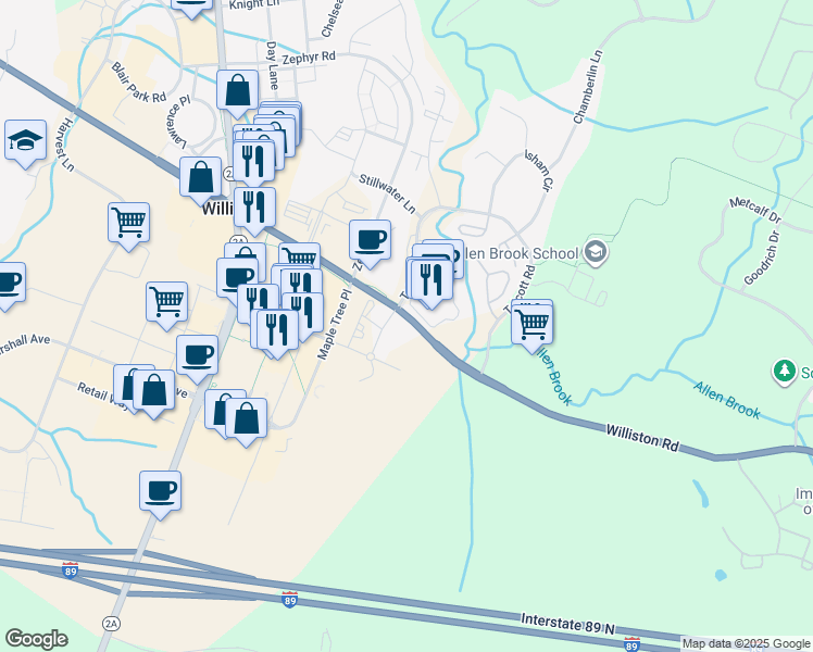 map of restaurants, bars, coffee shops, grocery stores, and more near 6226 Williston Road in Williston