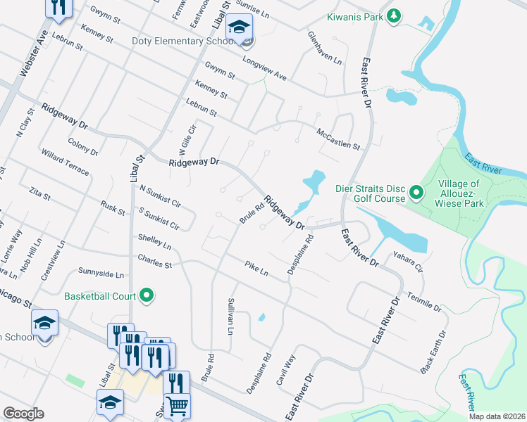 map of restaurants, bars, coffee shops, grocery stores, and more near 718 Brule Road in De Pere