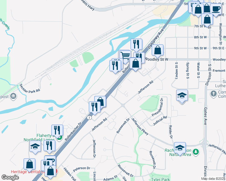map of restaurants, bars, coffee shops, grocery stores, and more near 1250 Bollenbacher Drive in Northfield