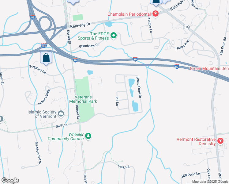 map of restaurants, bars, coffee shops, grocery stores, and more near 33 Iris Lane in South Burlington
