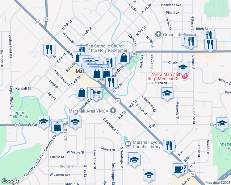 map of restaurants, bars, coffee shops, grocery stores, and more near 100 North 1st Street in Marshall