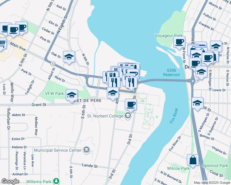 map of restaurants, bars, coffee shops, grocery stores, and more near 401 Reid Street in De Pere