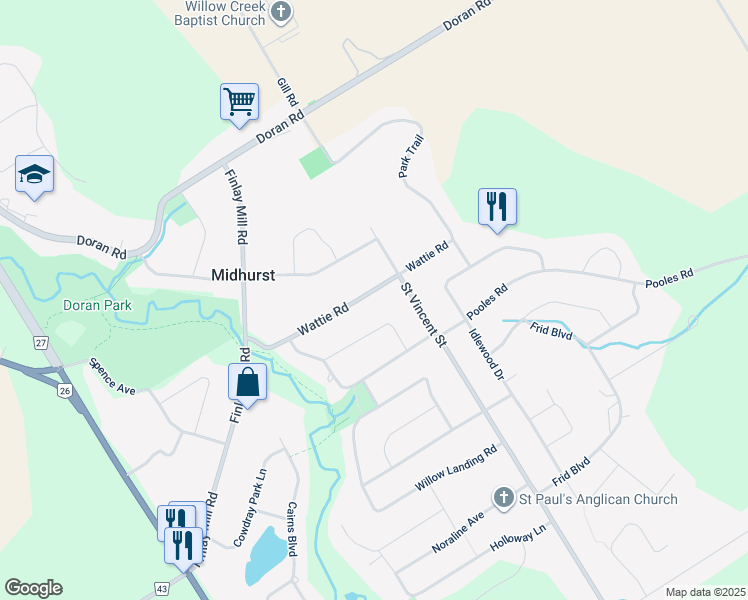 map of restaurants, bars, coffee shops, grocery stores, and more near 27 Wattie Road in Midhurst