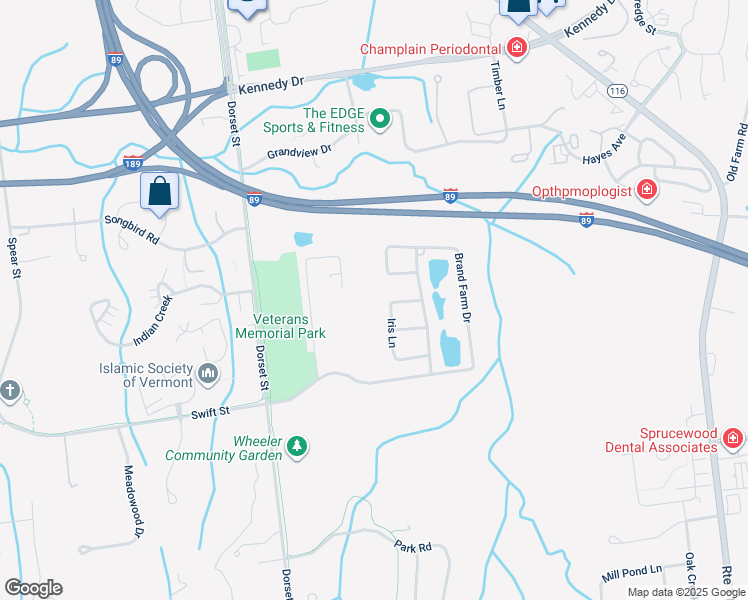 map of restaurants, bars, coffee shops, grocery stores, and more near 33 Iris Lane in South Burlington