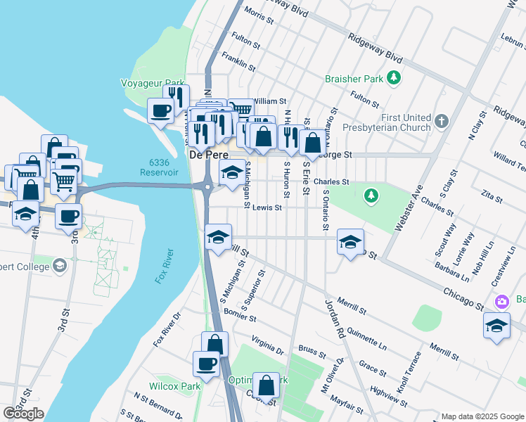 map of restaurants, bars, coffee shops, grocery stores, and more near in De Pere
