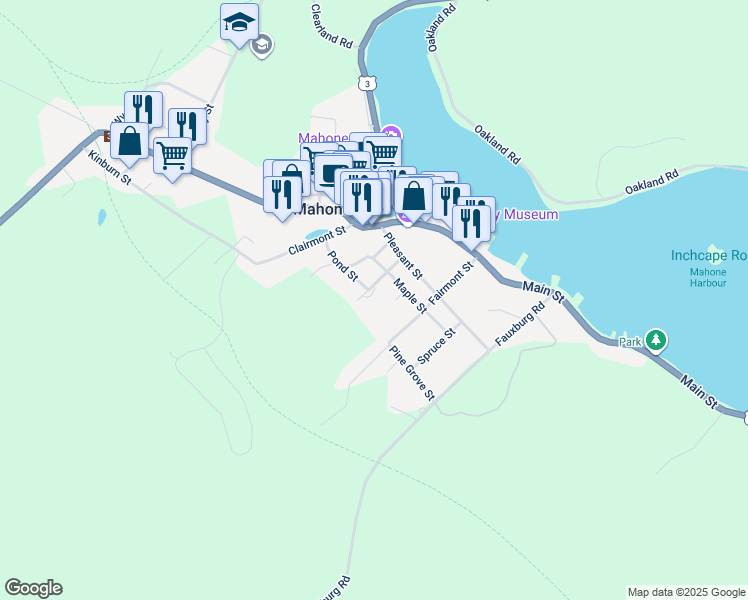 map of restaurants, bars, coffee shops, grocery stores, and more near 45 School Street in Mahone Bay