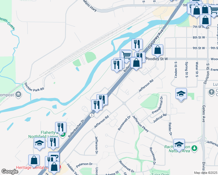 map of restaurants, bars, coffee shops, grocery stores, and more near 1250 Bollenbacher Drive in Northfield