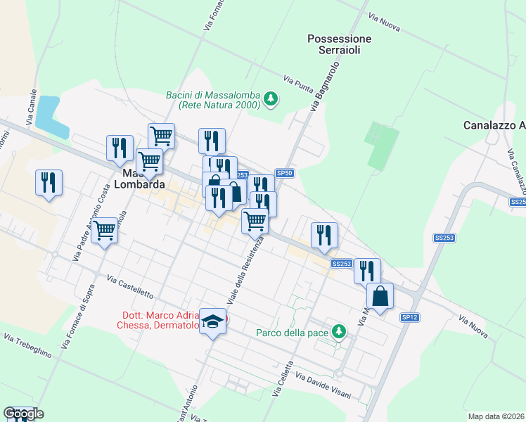 map of restaurants, bars, coffee shops, grocery stores, and more near 36 Via Giuseppe Garibaldi in Massa Lombarda
