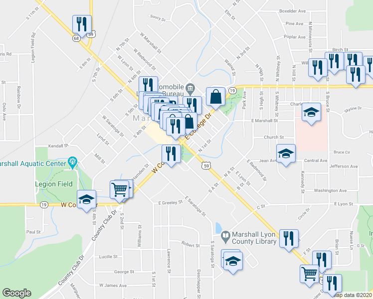 map of restaurants, bars, coffee shops, grocery stores, and more near 101 West College Drive in Marshall