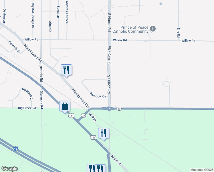 map of restaurants, bars, coffee shops, grocery stores, and more near 2974 South Huron Road in Green Bay