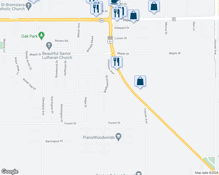 map of restaurants, bars, coffee shops, grocery stores, and more near 3372 Bridlewood Drive in Plover