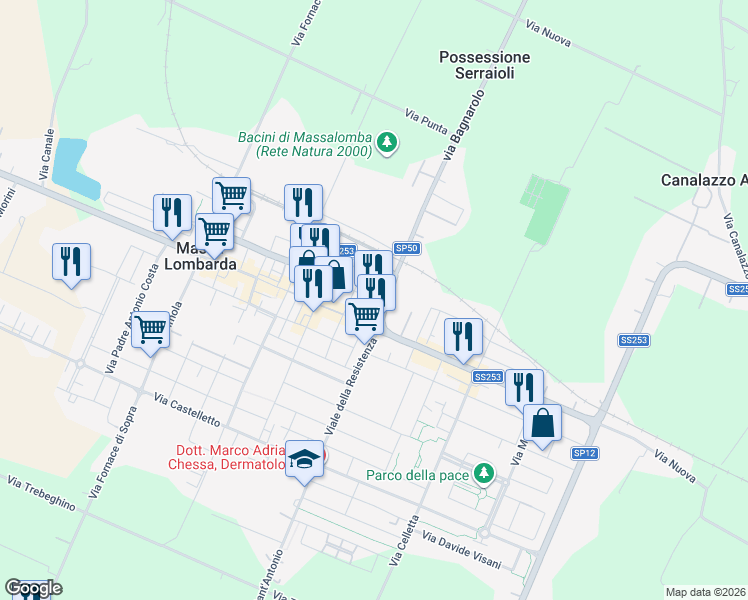 map of restaurants, bars, coffee shops, grocery stores, and more near 36 Via Giuseppe Garibaldi in Massa Lombarda