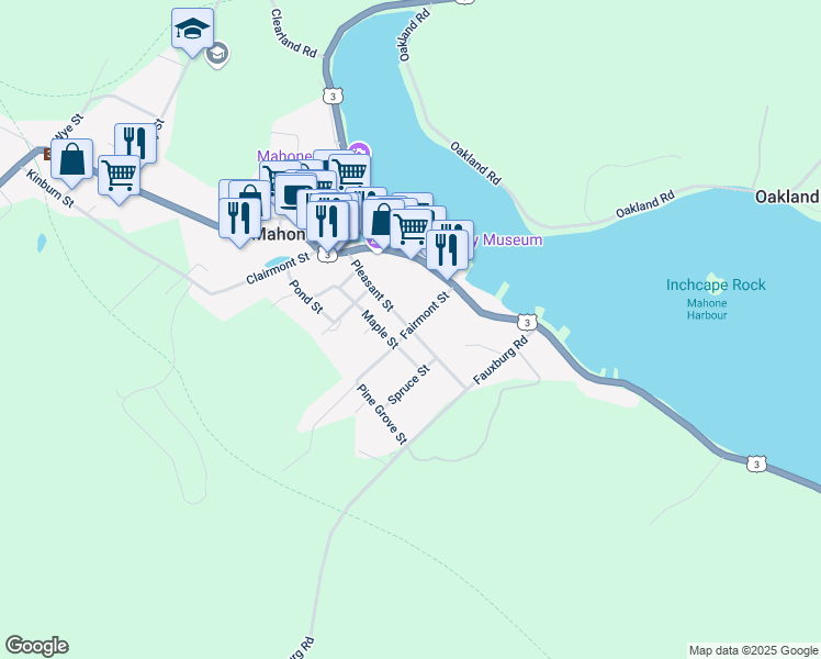 map of restaurants, bars, coffee shops, grocery stores, and more near Pleasant Street in Mahone Bay