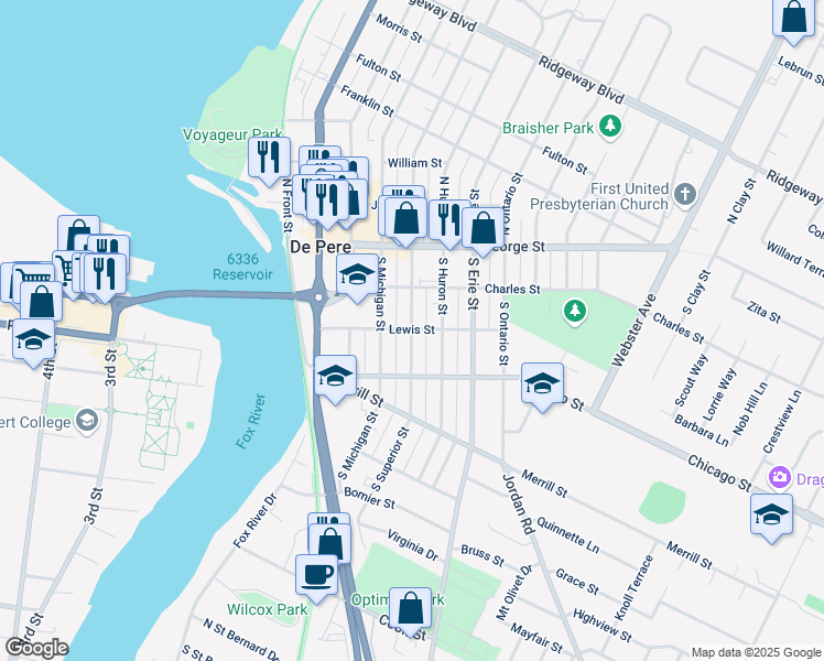 map of restaurants, bars, coffee shops, grocery stores, and more near 301 South Superior Street in De Pere