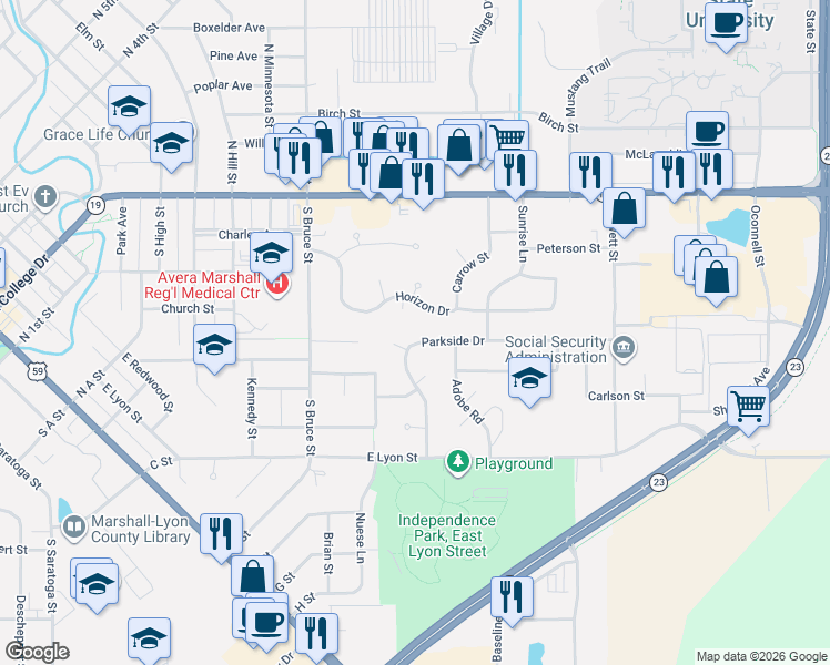 map of restaurants, bars, coffee shops, grocery stores, and more near 1203 Parkside Drive in Marshall