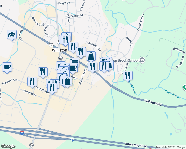 map of restaurants, bars, coffee shops, grocery stores, and more near 6162 Williston Road in Williston