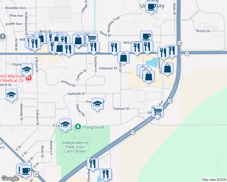 map of restaurants, bars, coffee shops, grocery stores, and more near 1319 Parkside Drive in Marshall