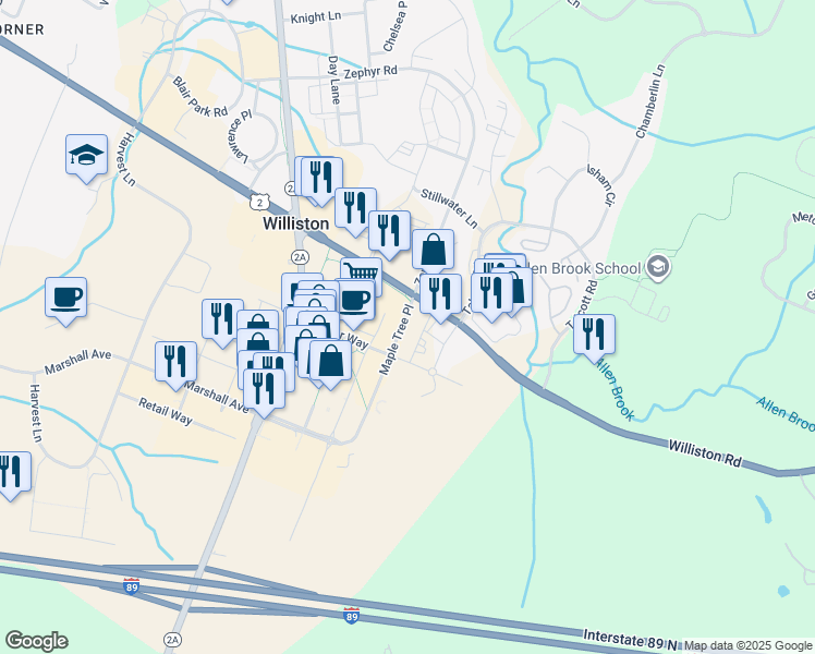 map of restaurants, bars, coffee shops, grocery stores, and more near 111 Maple Tree Place in Williston