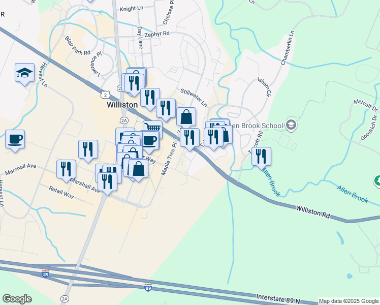 map of restaurants, bars, coffee shops, grocery stores, and more near 6162 Williston Road in Williston