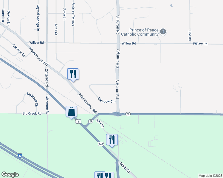 map of restaurants, bars, coffee shops, grocery stores, and more near 2974 South Huron Road in Green Bay