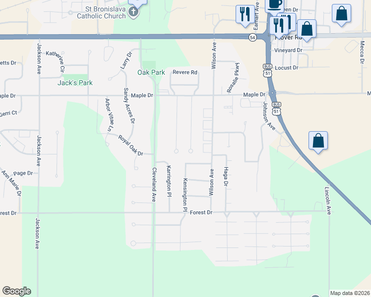 map of restaurants, bars, coffee shops, grocery stores, and more near 3442 Rosewood Drive in Plover