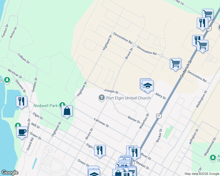 map of restaurants, bars, coffee shops, grocery stores, and more near 409 Joseph Street in Port Elgin