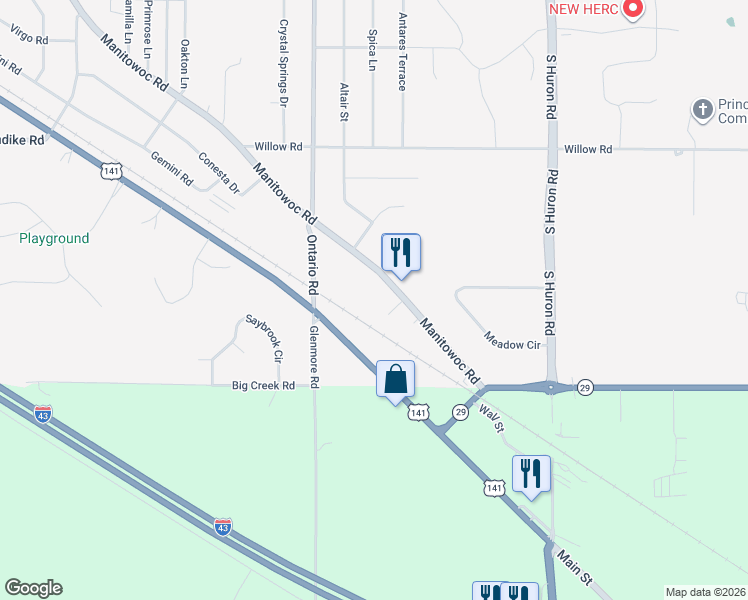map of restaurants, bars, coffee shops, grocery stores, and more near 2972 Clifford Court in Green Bay