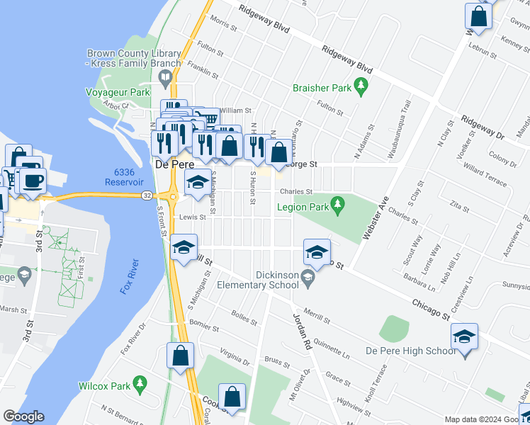 map of restaurants, bars, coffee shops, grocery stores, and more near 306 South Erie Street in De Pere