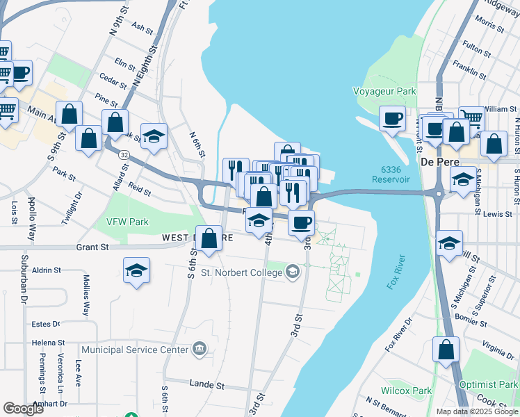 map of restaurants, bars, coffee shops, grocery stores, and more near 401 Reid Street in De Pere