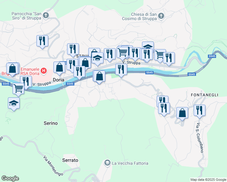 map of restaurants, bars, coffee shops, grocery stores, and more near Via Agostino Lombardi in Genova