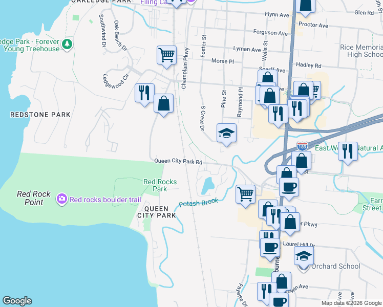 map of restaurants, bars, coffee shops, grocery stores, and more near 382 Queen City Park Road in South Burlington