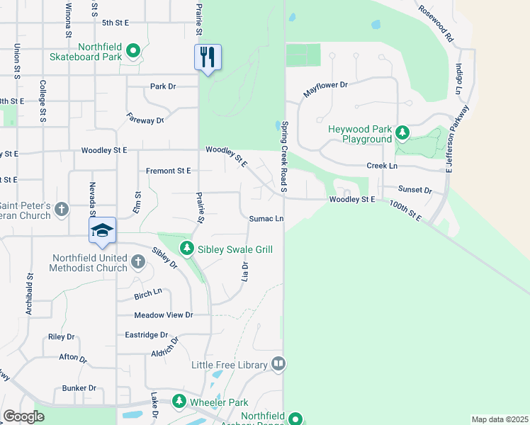map of restaurants, bars, coffee shops, grocery stores, and more near 1204 Sumac Lane in Northfield