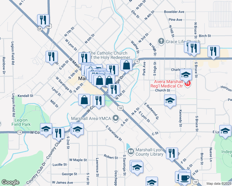 map of restaurants, bars, coffee shops, grocery stores, and more near 100 North 1st Street in Marshall
