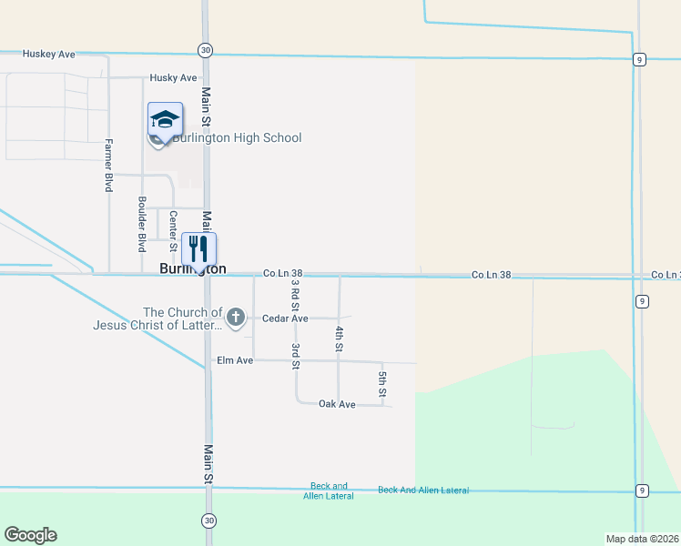 map of restaurants, bars, coffee shops, grocery stores, and more near 100 4th Street in Burlington