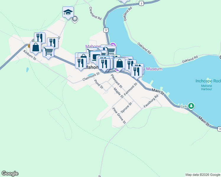 map of restaurants, bars, coffee shops, grocery stores, and more near 29 School Street in Mahone Bay