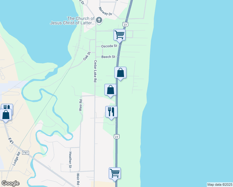 map of restaurants, bars, coffee shops, grocery stores, and more near 5719 North U.S. 23 in Oscoda