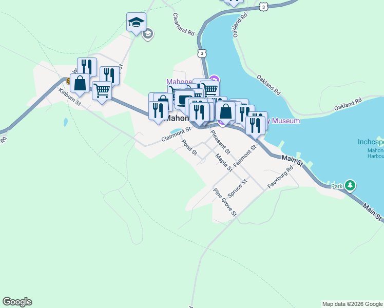 map of restaurants, bars, coffee shops, grocery stores, and more near 45 School Street in Mahone Bay