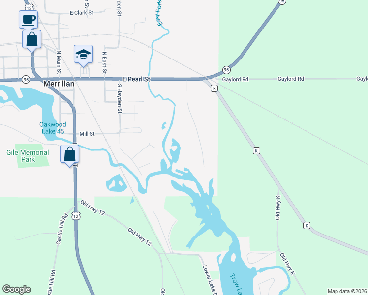 map of restaurants, bars, coffee shops, grocery stores, and more near 120 Bunting Lane in Merrillan